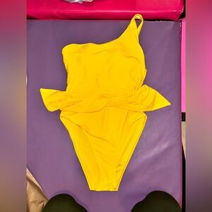 SHEIN Yellow One-Shoulder Peplum One-Piece Swimsuit